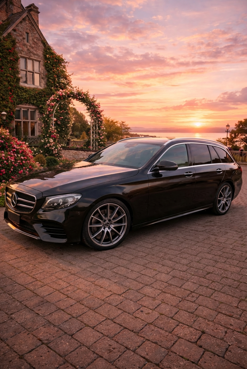 A dark luxury car decorated with a large white ribbon parked before a stone manor.